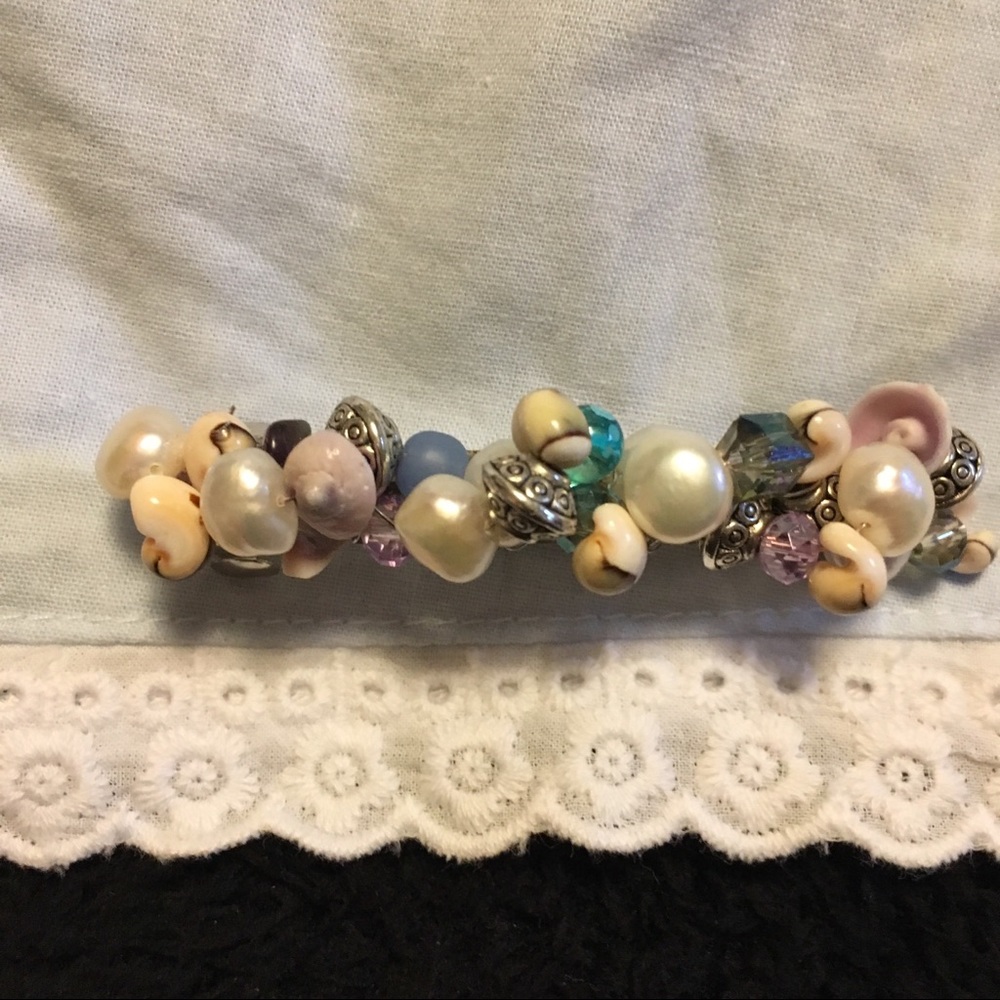 Pearls, silver, bead wrapped barrette